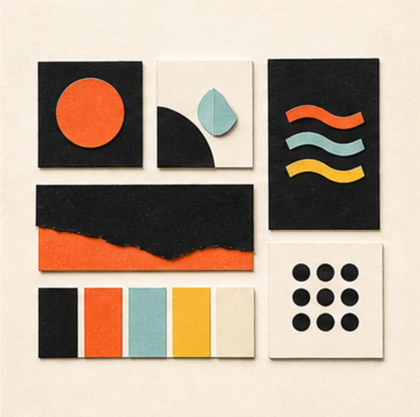 Abstract paper brand marks, colour swatches and modular identity pieces for website design in South Africa