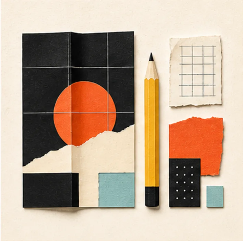 A folded paper design grid with a pencil and colour fragments for website design in South Africa
