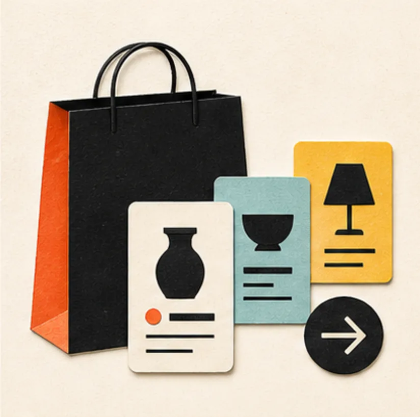 A paper shopping bag with product cards and a checkout arrow for website design in South Africa