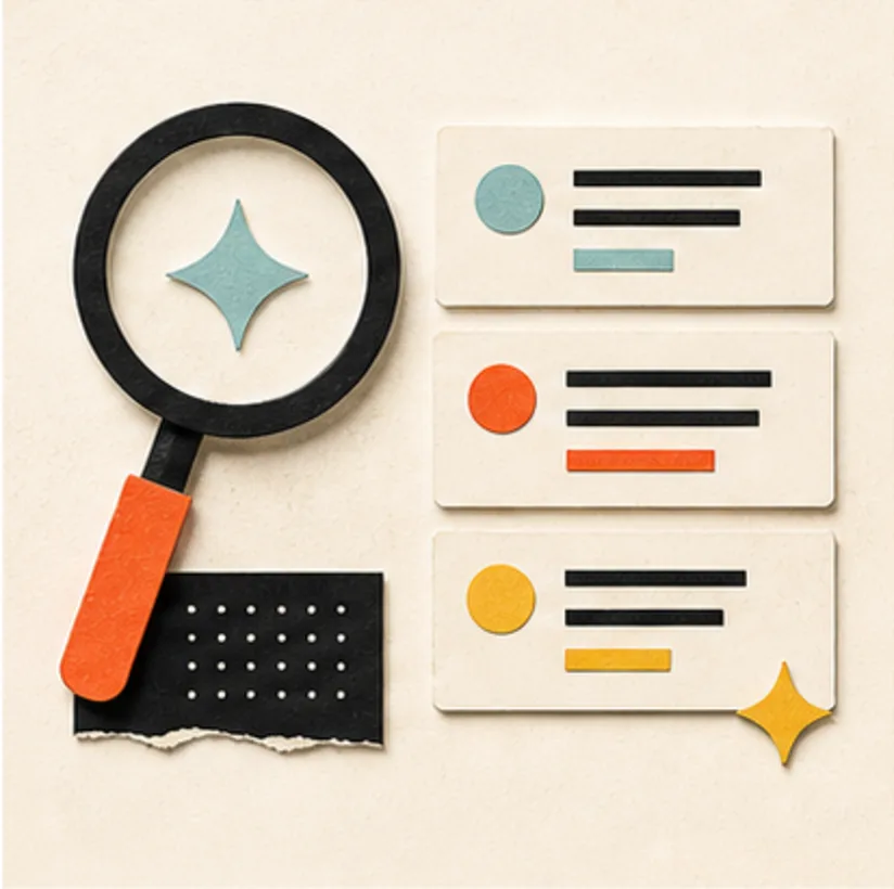 A magnifying glass examining search result cards and citation symbols for website design in South Africa