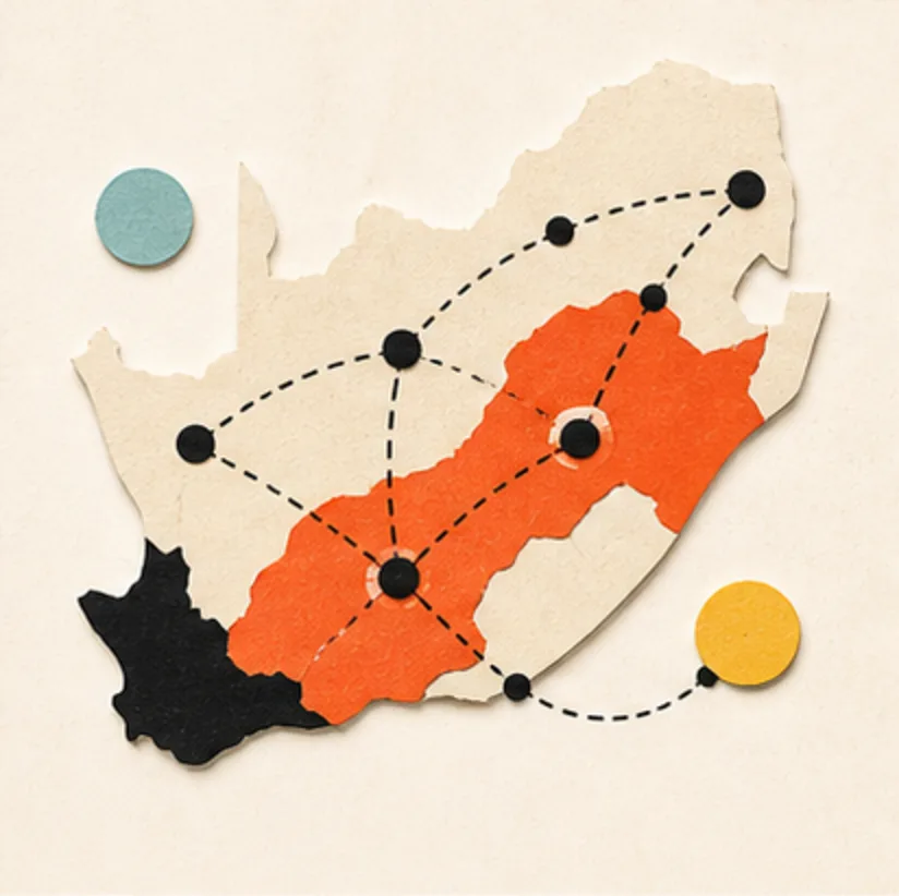 A paper map of South Africa connected by dotted creative routes for website design in South Africa