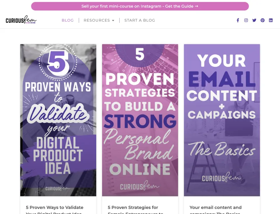 Curious Fem editorial website with a purple article grid