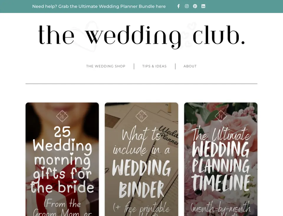 The Wedding Club website with elegant serif typography and wedding photography